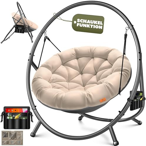 KESSER Fauteuil suspendu avec cadre Bali, balançoire suspendue jusqu'à 150 kg, pour intérieur et extérieur, coussin et poche latérale, panier suspendu, structure en acier et rembourrage en mousse