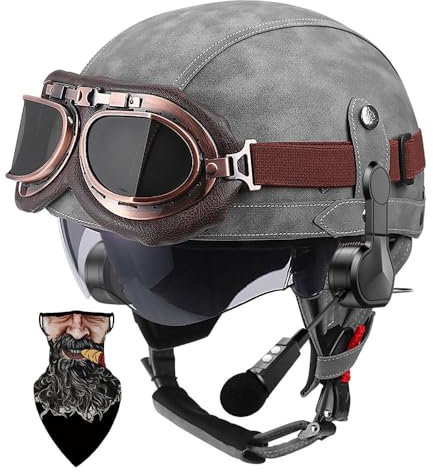 HALYING Casco Moto Vintage Stile Tedesco Certificazione ECE- Casco Semi-Aperto con Visiera Retrattile ABS ad Alta Resistenza + Strato EPS Rivestimento Traspirante e Collare Staccabile