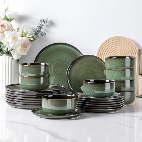 LeRatio Dinner Set for 8, 24 Piece Stoneware Plates and Bowls Set, Chip & Scratch Resistant Reactive Glazed Dinnerware Set, Dishwasher & Microwave Safe Crockery Set, Jade Green