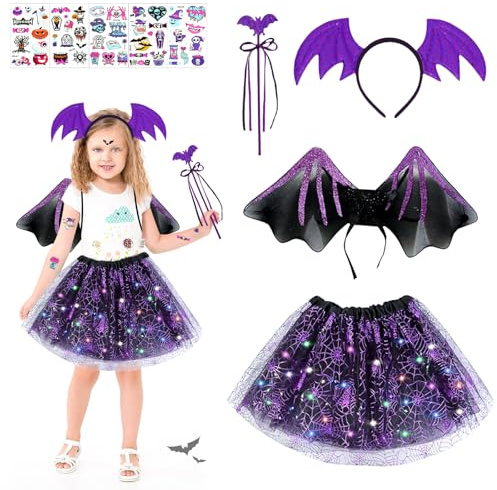 Déguisement Chauve-Souris Fille, 9Pcs Halloween Deguisement Chauve Souris avec Diadème, Ailes, Baguette Magique, LED Tutu, Autocollants Fluorescents, pour la Soirée du Carnaval d'Halloween (Violet)
