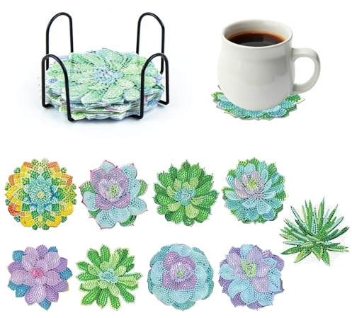 Posavasos Arte Diamante Pintura,Posavasos con Soporte,Pintura de Diamante para Principiantes Adultos y Niños, Variedad de Hermosos Diseños Florales, 9 Piezas