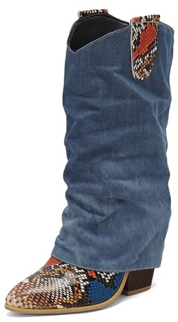 Renessmi Moda Tacco a Blocco Senza Chiusura con Risvolto Donna Stivali da Vestito Appuntito Snakeskin Denim Splicing Stivali da Cowboy Footwear Blu Numero 39 EU/40Cn