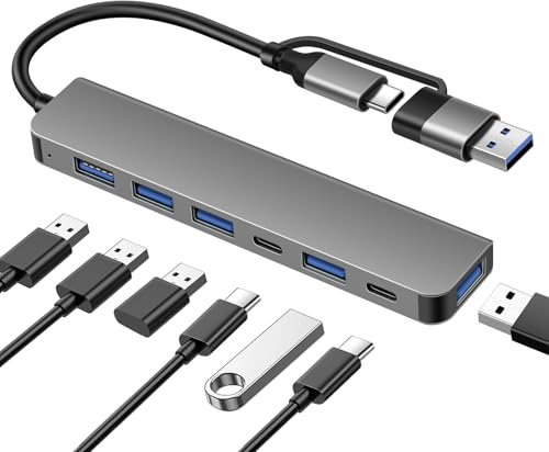 DEMKICO Hub USB 7-en-1 Double-Tête, Connecteur USB-A & USB-C, 1× USB 3.0, 4× USB 2.0, 2× Ports de Données USB-C, Adaptateur Multi-Appareils Haute Vitesse pour Ordinateurs, Tablettes & Téléphones