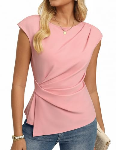 GRACE KARIN Women's Summer Tops Short Sleeve Crew Neck Ruched Work Blouses | Elegant Slim Fit Tops for Women UK Ruched Cap Sleeve Scoop Neck Top Business Casual and Everyday Wear