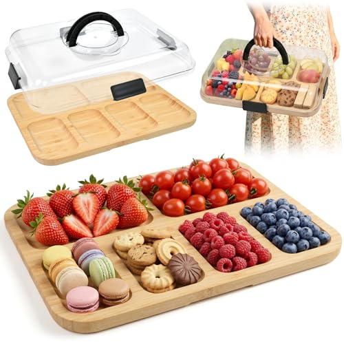ZXBBTZ Charcuterie Board con coperchio, 36,7 cm, con manico, in bambù, con coperchio, vassoio da portata per formaggio, snack, antipasti, grande piatto per snack diviso, per picnic, feste, 2-4 persone