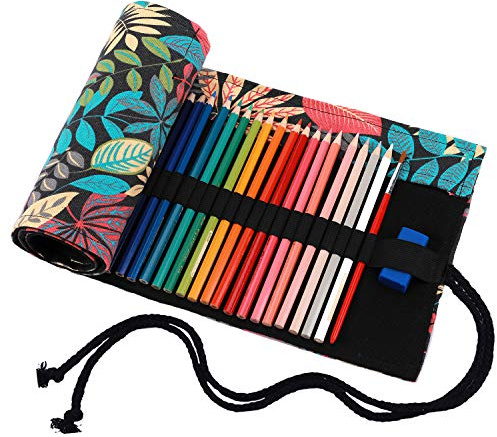 Amoyie Trousse a Crayon Enroulable, Pliable Pochette Rangement pour 48 Crayons de Couleur, Etui Tissu, Sac à Crayons, Feuille Colorée