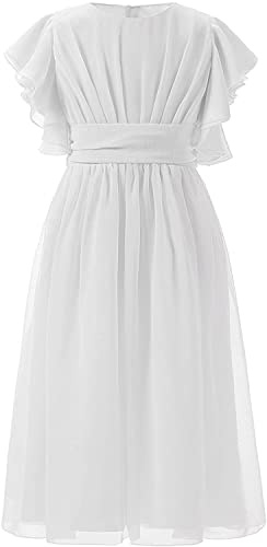 Aibaowedding Boho Abito lungo in chiffon per bambini con cintura e maniche corte a farfalla/vintage chic linea ad A, abiti da comunione, damigella d'onore, Lunghezza al ginocchio in bianco, 10 anni
