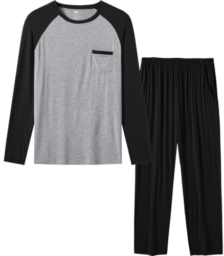 MoFiz Ensemble de pyjama 2 pièces à manches longues et col en V pour homme - Vêtement de nuit en modal avec poches