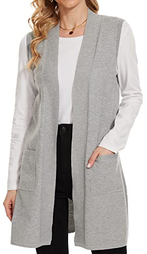 breezy lane Cardigan da donna senza maniche, a costine, aperto sul davanti, drappeggiato, gilet lungo maglione con tasche, Grigio chiaro, XXL