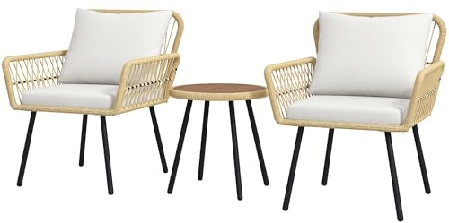 Outsunny Conjunto de Muebles de Jardín Juego de 3 Piezas Sillas y Mesa de Ratán con 2 Sillas 1 Mesa de Centro Redonda y Cojines para Terraza Césped Balcón Natural