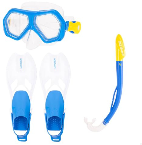 AKTIVE Aqua Sport Gafas Buceo y Aletas niño, Máscara antigotas, Fácil Ajuste, Látex Free, Aleta Ajustable 32-37, Tubo con protección contra Salpicaduras, Lentes policarbonato, Snorkel niños (54262)