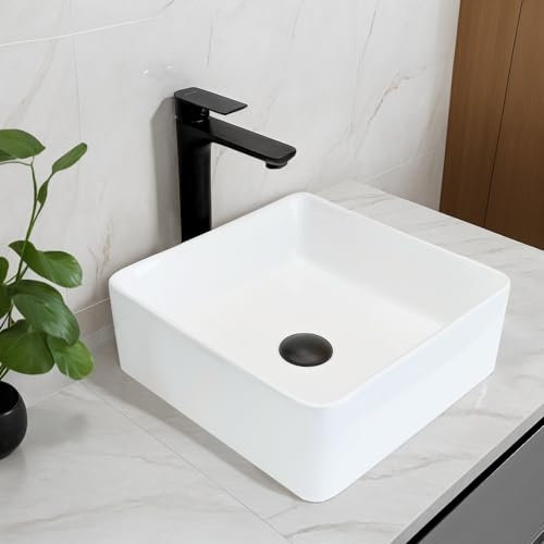 NUESTRA VIDA Lavabo da Appoggio 37x37x13 cm Salvaspazio, Lavabo per gli Ospiti in Ceramica, Design Quadrato, Finitura Bianco Lucido, Lavabo per Bagno d' Appoggio, Senza Foro per Rubinetteria