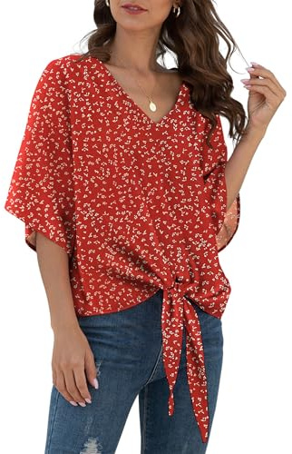 YGJIEGENG Women's Chiffon Blouse Summer Elegant V Neck Tunic Shirt Top 3/4 Ruffled Sleeves Tops Tie Front Flowy Blouses Floral Red L