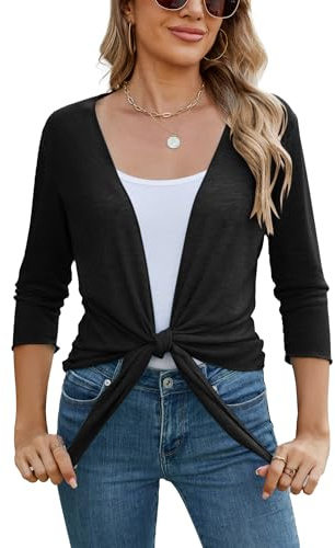 Famulily 3/4 Sleeve Black Shrug Tops for Women UK Tie Front Summer Bolero Cardigan (XL, Black)