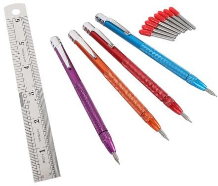 Plyisty Confezione 4 Strumenti per Tracciare con Punta in Carburo di Tungsteno con 8 Ricariche 1 Righello, Penna per Incisioni per Incisioni per Piastrelle di Ceramica, Vetro, Marmo,