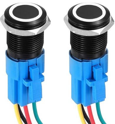 DMiotech 2 Pcs 16mm / 5/8 Push Button Switch, IP66 1NO1NC 12-24V 3A Momentary Latching Push Button Starter Light Switch Self-locking with White Light Round, Aluminum Alloy Flat Head Black