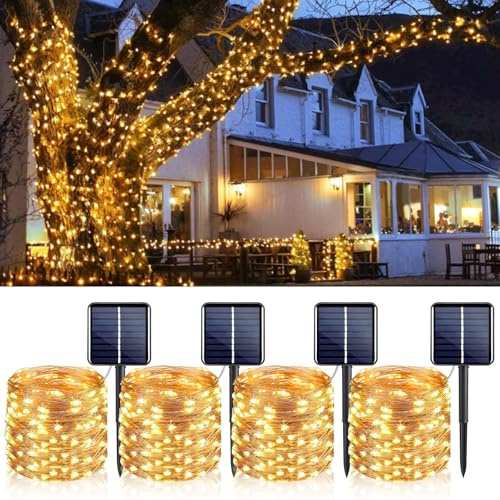 YIFMOO Solcellsljusslinga, utomhus, 4 stycken 12 m, 120 LED, solcellsljusslinga, utomhus, väderbeständig, IP65 koppartråd, ljuskedja med 8 lägen, varmvit solljuskedja för jul, trädgård, balkong, fest