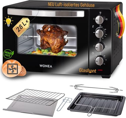 Minibackofen 28 Liter 1600 Watt, Mini-backofen mit Umluft, Mini Backofen mit Luft-isoliertem Gehäuse, Krümelblech, Minibackofen mit Drehspieß, Ofen mit Licht, Pizzaofen, Backofen für Camping