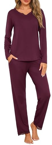 Jahetuul Pigiama Donna Manica Lunga Set di Pigiami da Donna Cotone Invernale Maglietta Scollo a V e Pantaloni Lunghi in Pizzo con Tasca Due Pezzi