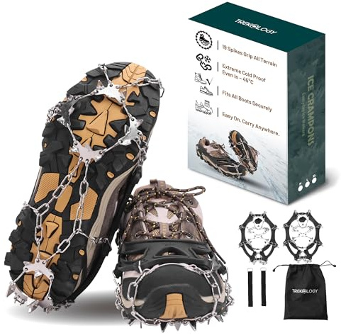 TREKOLOGY Microspikes for Hiking – 19-Spike Stainless-Steel Ice Cleats & Chains for Boots, Crampons for Hiking Boots Men & Women, Durable Traction Spikes for Snow & Ice (X-Large)