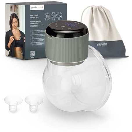 Nuvita 1260W Tiralatte Elettrico Indossabile Singolo 3 Fasi – Portatile con Batteria Ricaricabile USB-C, Funzione Anti-Stasi, Ideale per Capezzoli Piatto/Inversi, Coppa Silicone 24mm con Riduttori