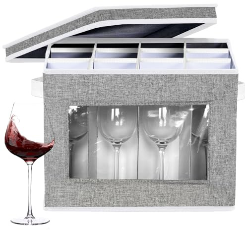 VERONLY Wine Glass Stemware Storage Cases, China Storage Containers Box with Dividers Hard Shell for 12 Crystal Glassware,Goblets,Wine Glasses,Drinkware Packing & Moving (Light Grey)