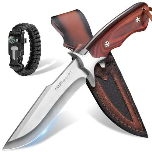 Plys Cuchillo Caza Cuchillo Supervivencia: Cuchillo de CinturóN de Hoja Recta Con Funda de Cuero,Pulsera de Paracord,Mango de Madera,Regalos Para Hombres