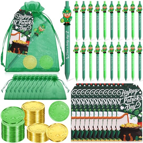 Marspark 96 Pcs St. Patrick's Day Party Favors Gifts 24 Set Shamrock Ballpoint Pens with Leprechaun Charm Greeting Cards and Organza Bags for St. Patrick's Day School Classroom Office Reward Prize