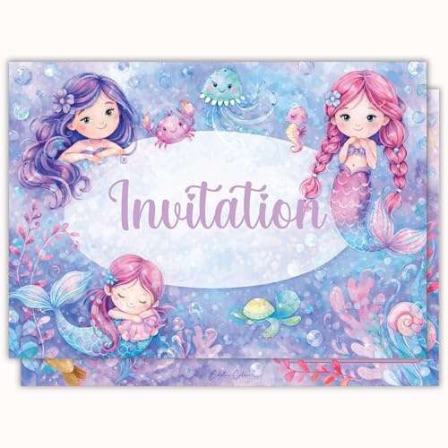 Edition Colibri Carte d'invitation d'anniversaire - Motif de sirène pastel | Lot de 10 cartes plates (A6) – Verso à écrire (2)