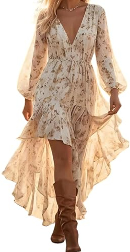 MOKBAY Abito Estivo Donna Scollo a V Maniche Lunghe Chic Corto Mare Vestiti Estivi Donna Summer 2026 Casual Spiaggia Boho Moda Dress