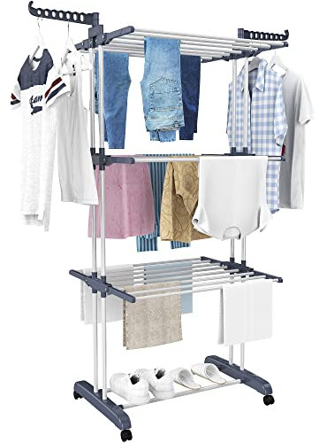SIMPDIY Clothes Airer Clothes Drying Rack,4-Tier Foldable Clothes Horse Adjustable Large Stainless Steel Hanger Garment Laundry Racks for Indoor/Outdoor,Grey