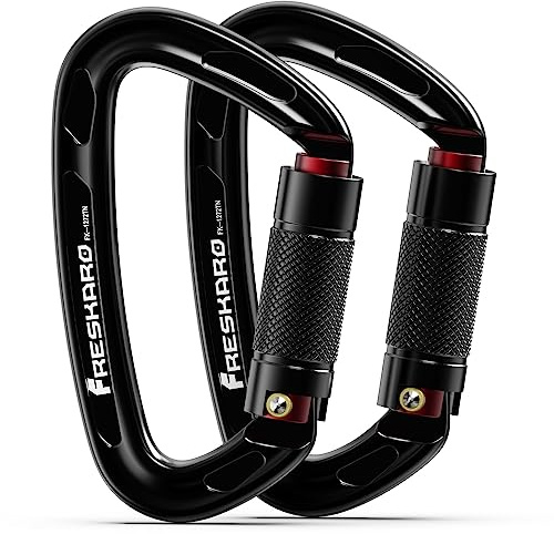 FresKaro Twist Lock Carabiner Clips, Auto Locking and Heavy Duty, Climbing carabeaner Large, for Rock Mountain Tree Climbing, Rappelling, Arborist, Firefighter, Dog, Hammock, Caribeener Keychain Black