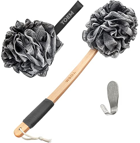 Toem® Loofah Back Scrubber for Shower | Bamboo Charcoal Fiber Infused | Loufas for Men & Women | Includes 1 Long Handled Shower Sponge, 1 Bath & Shower Luffa Pouf & 1 Hook to Hang Stuff (Slate Grey)