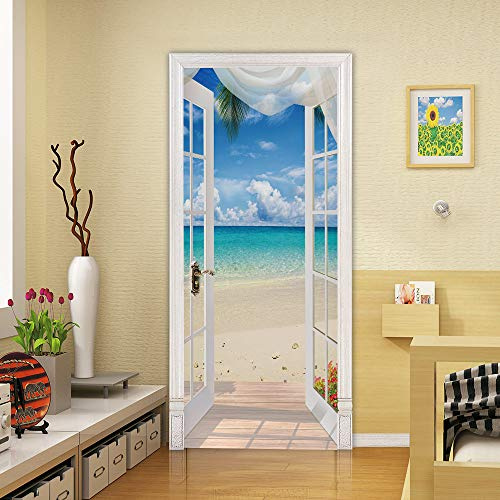 COLORSPRING 3D Beach Door Decal Stickers Peel and Stick, Door Mural Cover Removable Vinyl Wallpaper for Home Décor (MT-365)