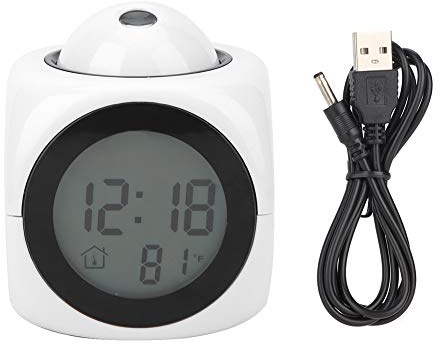 Oumefar Projection Clock for Bedroom Ceiling, Digital LCD Alarm Clock with Voice Talking, 8.1 x 4.7 x 1.1in Modern Mini Projector Alarm Clocks for Office Bedroom(White with USB Cable)