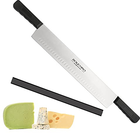 BOLEXINO 15 Inch Double Handle Cheese Knife for Charcuterie, High Carbon Stainless Steel Blade With 5 Black Plastic Handles Use for Cheese, Cakes, Vegetables, Soaps