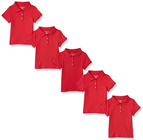 Amazon Essentials Girls' Short-Sleeved Uniform Interlock Polo Shirt, Pack of 5, Red, 9 Years