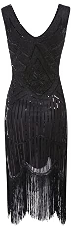 MIMIKRY 20er Jahre Charleston Pailletten Kleid Schwarz mit Fransen Flapper Damen-Kostüm, Größe:S