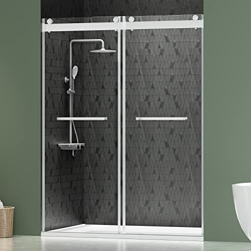 DELAVIN 56-60 W x 75 H Frameless Shower Door, Double Sliding Shower Door, 5/16(8mm) Clear Tempered Glass, Noiseless Shatterproof Glass Shower Doors with Square Rail, Stainless Steel, Aluminum