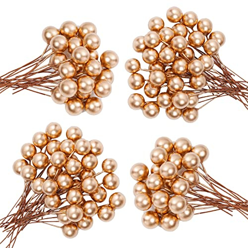 Lystaii 200pcs Artificial Holly Berries Mini 10 mm Christmas Fake Berries with Wire Stems Artificial Berry Fake Berry Stems Picks for Christmas Tree Decorations Wreath Craft Wedding Party Decor (Gold)