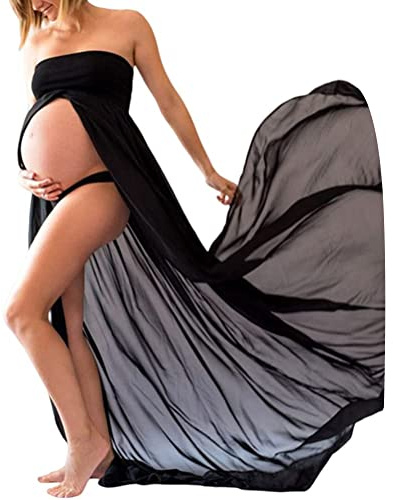 ORANDESIGNE Femmes Robe De Maternité Cocktail Elégante à Manches Longues Col en V Shooting Photo Grossesse Maxi Robe F Noir M
