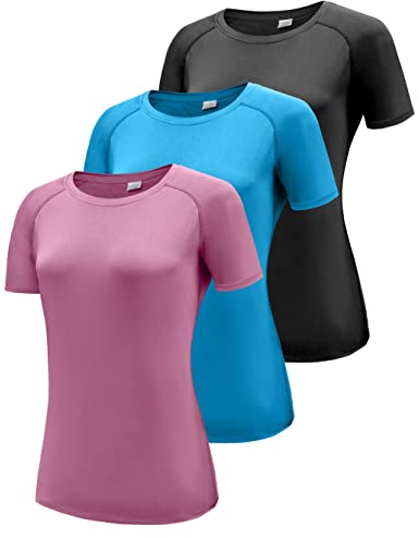 3er Pack Sport T-Shirt Damen, Kurzarmshirt Frauen, Workout Tops Rundhals Sport Casual Oberteile, Kurzarm Funktionsshirt Laufshirt, Sommer Gym Top Yoga Shirt Fitness T-Shirts Black/Blue/Pink 3P14-XL