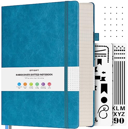 OFFIGIFT Dotted Journal Notebook, B5 Hardcover Bullet Notebook, 312 Numbered Pages Leather Notebook, 100gsm No Bleed Paper Dot Grid Notebook with Index Pages for Women Men, 7.6'' X 10'', Blue
