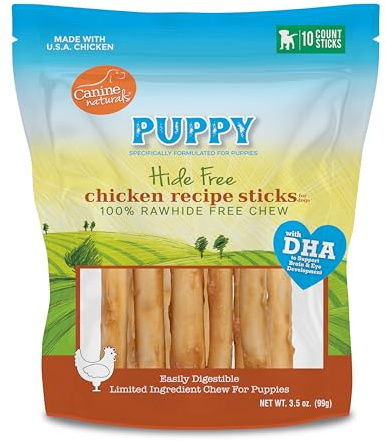 Canine Naturals Puppy Chicken and Rice Chew - Rawhide Free Puppy Treats - Made with USA Chicken - All-Natural & Easily Digestible - 10 Pack of 5-Inch Sticks for Puppies