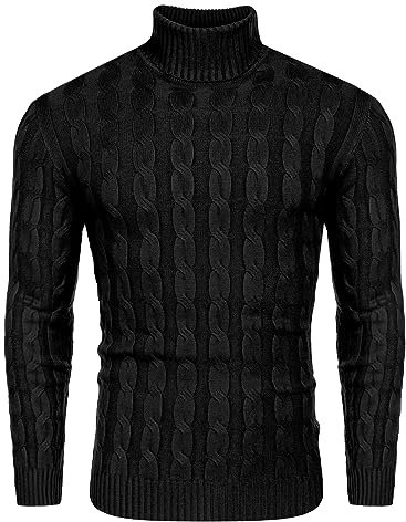 COOFANDY Rollkragenpullover Herren Zopf Pullover Langarmshirt Basic Strickpullover mit Bündchen Sweatshirt Stehkragen Männer Sweater Schwarz L