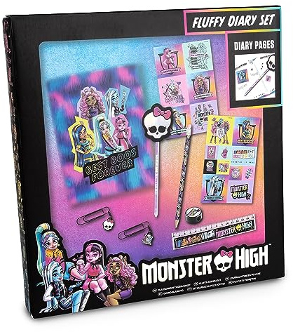 abeec Monster High Kids Journal with Fluffy Notebook, Skull Pen, Diary Stickers, Paper Clips, Ruler, Pencil Sharpener, Pencil - Children's Stationery Set - Girls Birthday Presents - Secret Diary Set