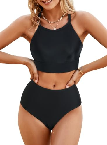 Herseas Women's Black Bikini Sets High Round Neck Criss Cross Swimwear High Waisted 2 Pieces Swimsuits Crop Padded Top Modest Bottom Bathing Suits Large