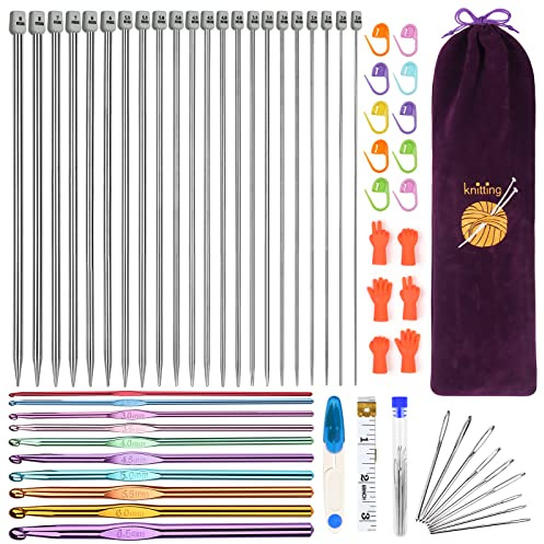 Aeelike Lot de 60 aiguilles à tricoter en acier inoxydable avec sac - 25 cm - Aiguilles à tricoter à pointe unique en métal - Pour chaussettes, pulls, couvertures, 10 crochets colorés en aluminium