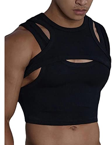 Duohropke Débardeur court pour homme - Sexy - Crop Top - Ventre nu - Avec dos nageur - Coupe ajustée - Soutien-gorge de sport - Lingerie, Noir , M
