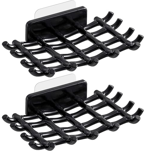 Soap Bar Holder for Shower Wall, Self Draining Soap Dish with Hooks, No Drilling, Bathtub Kitchen Sink Waterproof Adhesive Wall Mounted Dish (2 Pack, Black)